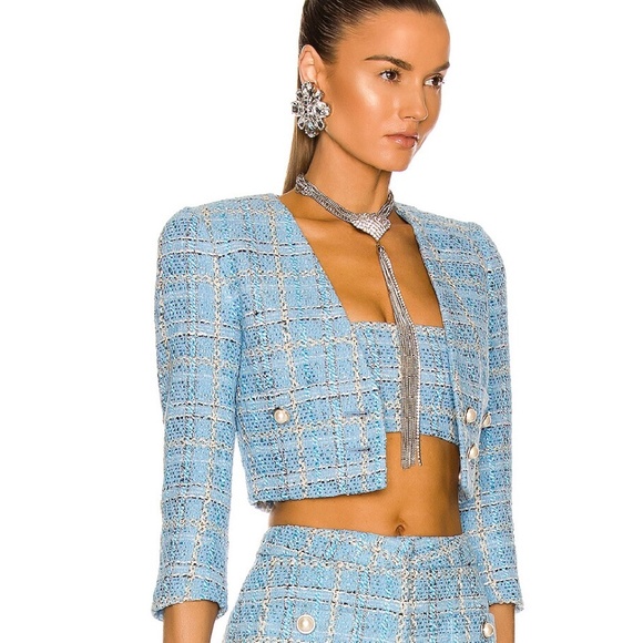 ALESSANDRA RICH light blue Checked Tweed Cropped Jacket size 0 *LIKE NEW - Picture 11 of 16